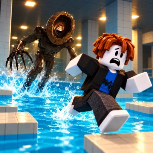 A Roblox avatar runs across pool platforms while a clawed creature with a round toothed mouth splashes through the water behind them.